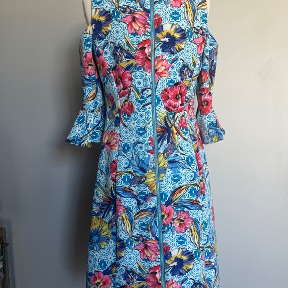 NICOLE MILLER Floral-Print Leaf‎ Turquoise Cold-Shoulder Sheath Cocktail Dress - Picture 4 of 15